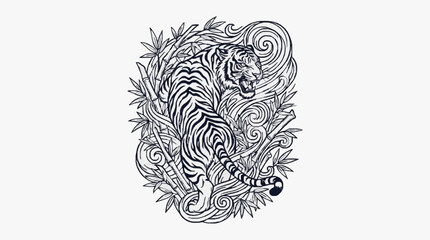 Fototapeta premium Traditional Japanese Tiger Vector Tattoo Design with Bamboo