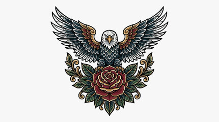 Fototapeta premium Traditional Tattoo Eagle and Rose Vector Illustration