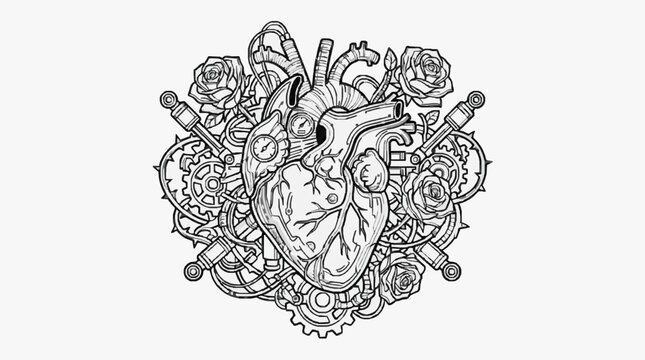Steampunk Mechanical Heart with Roses Tattoo Design