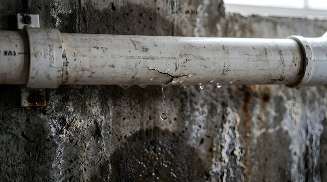 Cracked leaking pipe on weathered concrete wall.