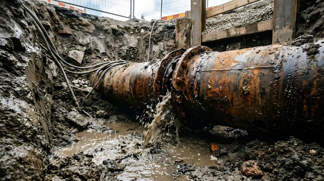 Damaged rusty water pipe leaking in a muddy construction excavation pit.