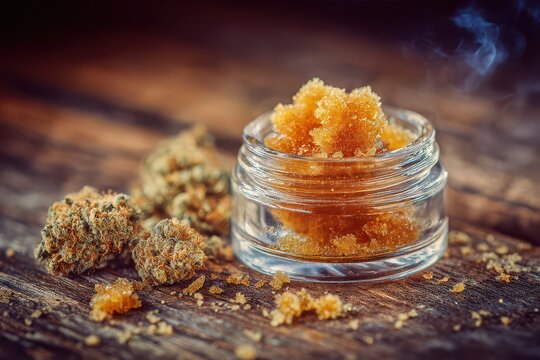 Cannabis concentrate sugar wax in glass jar with flower buds on wooden surface with soft smoke