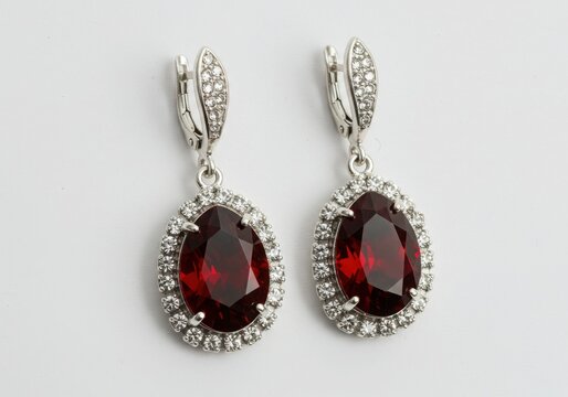 Elegant oval red gemstone earrings with diamond accents isolated on white background