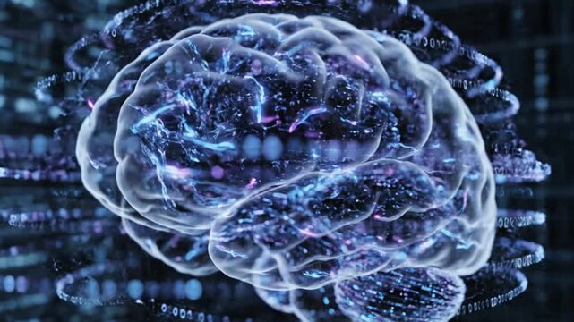 Glowing artificial intelligence human brain model with digital binary code data streams and neural network connectivity in futuristic cyberspace