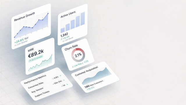 Modern B2B SaaS dashboard in light theme with 3D isometric perspective and floating minimalist UI widgets