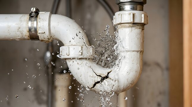 Water leaking from a cracked white plastic pipe under a sink.