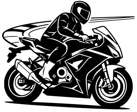 Black and white action illustration of a biker in full gear cornering aggressively on a sport bike