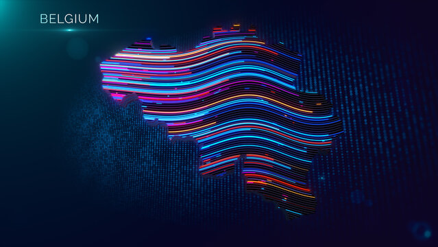 Futuristic Belgium map illustration with multicolor glowing flowing lines, 3D extruded surface, digital particle grid, cinematic light effects, and Belgium text on a modern technology background.