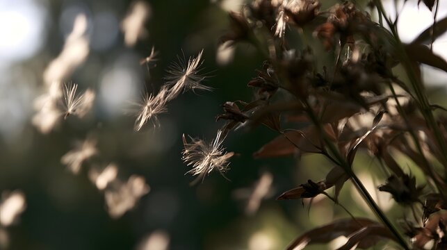 Delicate seed heads drift gently through soft light against a blurred natural background  capturing quiet movement in nature