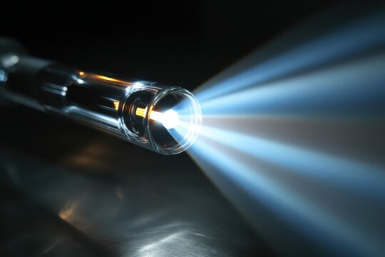 Close-up of a bright flashlight beam illuminating the darkness with blue light against a reflective surface