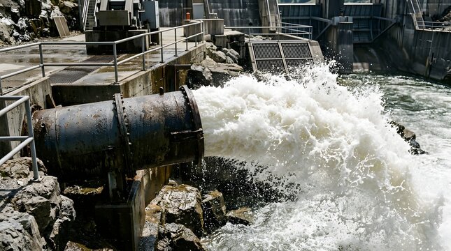 Industrial water discharge pipe releasing powerful stream into river.