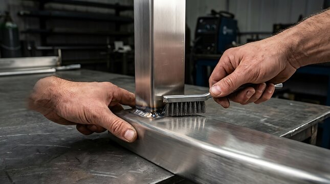 Metalworker cleaning a welded joint on a stainless steel structure with a wire brush.