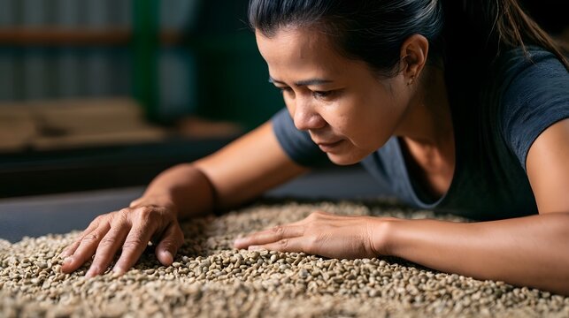 A woman carefully examines green coffee beans spread out before her on a surface  focused and attentive to detail