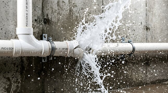 Water spraying from a broken white PVC pipe against a concrete wall.
