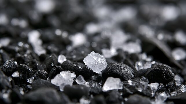Crisp diffused light reveals salt crystals on charcoal with tiny highlights forming a clean abstract background for versatile commercial projects