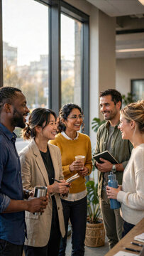 Diverse business team having casual standing meeting near office window photo