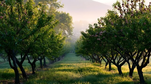 Rows of peach trees laden with fruit stretch into a misty morning landscape under soft golden light