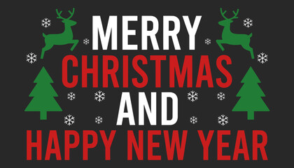 Obraz premium Merry christmas and happy new year greeting card design with reindeer and pine trees