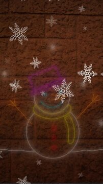 Animation of neon snowman over falling snow