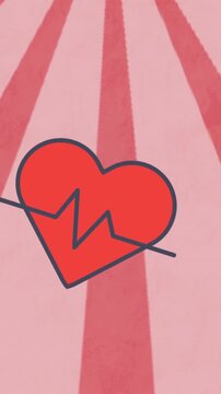 Animation of heart icons with cardiogram over lines on red background