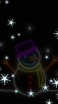 Animation of neon snowman over snowflakes on black background at christmas
