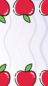 Animation of rows of red apples at top and bottom moving over wavy lines on pastel pink background