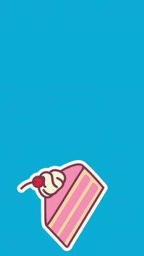Animation of slices of pink cake with cherry and cream topping falling on blue background