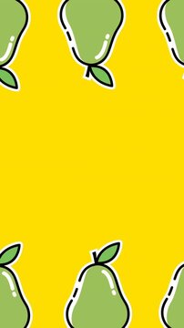 Animation of two rows of green pears moving at top and bottom of yellow background
