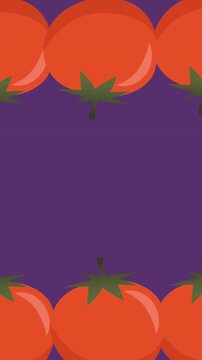 Animation of two rows of red tomatoes moving at top and bottom of purple background