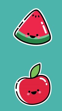 Animation of smiling red apples and watermelon slices moving upwards on blue background