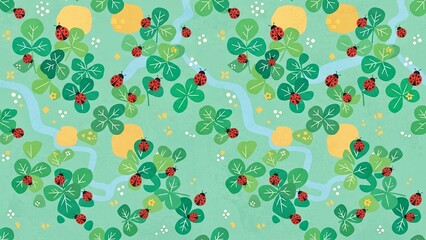 Whimsical ladybug pattern with green clovers, cute beetle illustration on mint background, spring garden floral backdrop