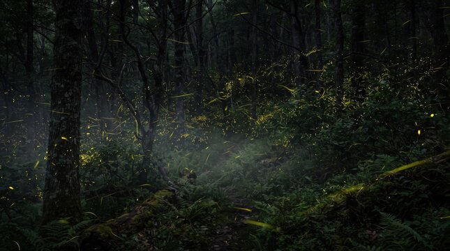 Fireflies glow softly in a dark misty forest above mossy ground and trees.