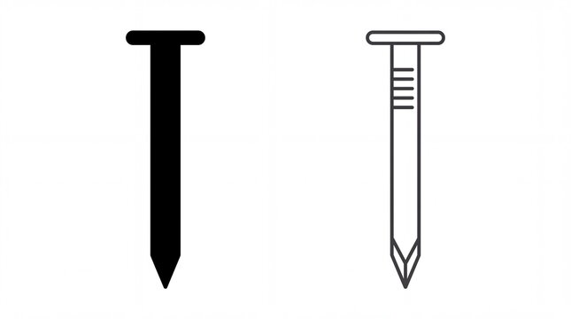 Solid and outline metal nail icons showing construction hardware tools presented clearly on white background