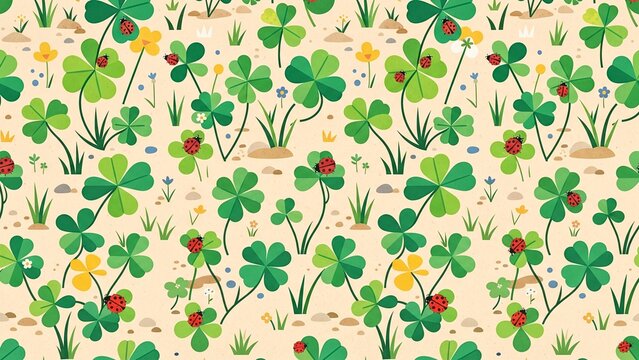 Whimsical clover pattern with ladybugs, green shamrock meadow background, spring floral texture for Saint Patricks Day decor