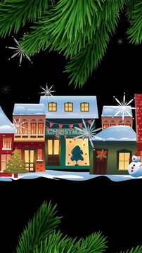 Animation of snow falling over christmas decorated houses