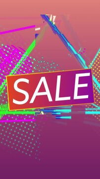 Sale graphic and colourful shapes tumble into place on dark pink background 4k