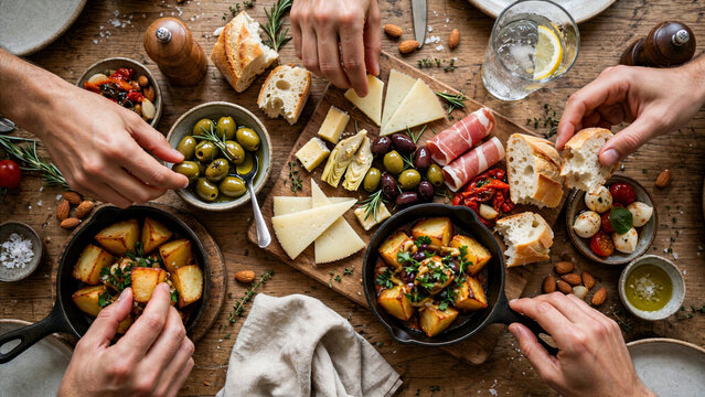 High angle shot of friends hands sharing various tapas dishes antipasti platter olives cheese