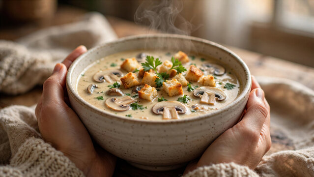 Close up of hands holding a warm bowl of creamy mushroom soup with croutons and fresh parsley cozy indoor