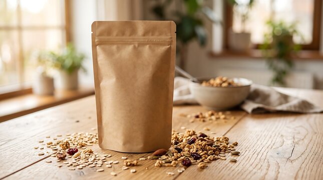 Blank kraft paper pouch mockup on wooden table with scattered granola and blurred kitchen background