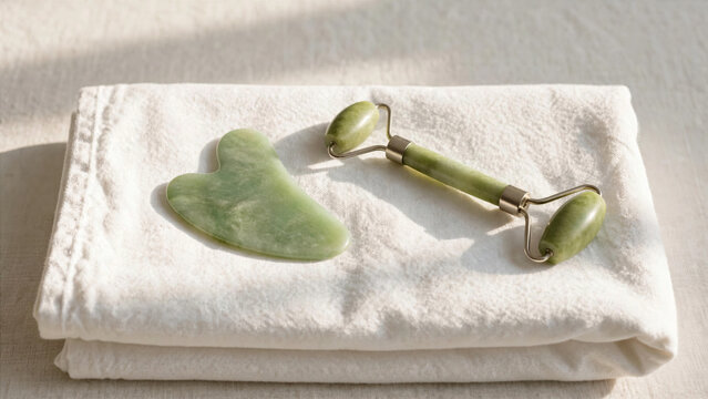 Minimalist still life of a gua sha scraper and jade roller resting on folded white cotton towel morning sun