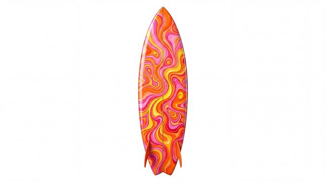 Vibrant surfboard featuring intricate colorful abstract wavy patterns isolated clearly on white background
