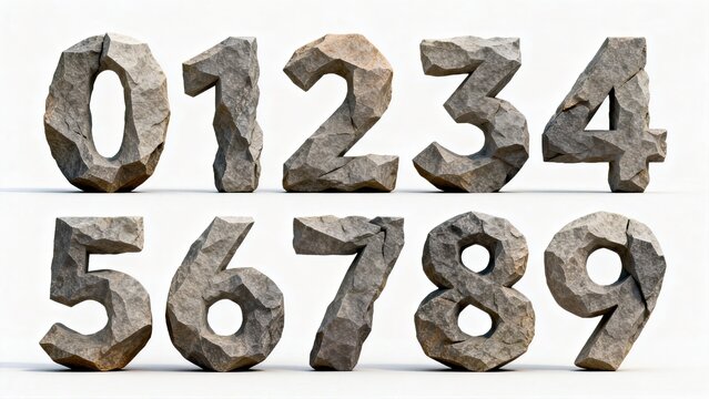 Rock‑texture 3D numerals 0‑9, stone carved digit font, rough stony texture, rugged style, typography design elements on white background