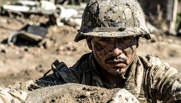 Close-up of a soldier covered in mud, wearing a helmet, looking determined in a war-torn environment, conveying struggle and resilience