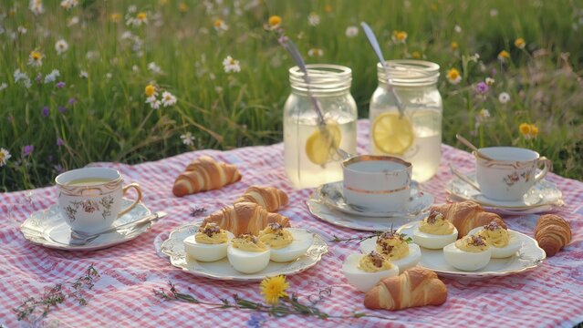 Picnic table with deviled eggs and pastries