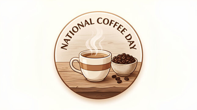 National Coffee Day circular logo with steaming cup.