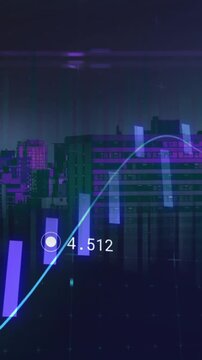 Animation of statistics and financial data processing over cityscape