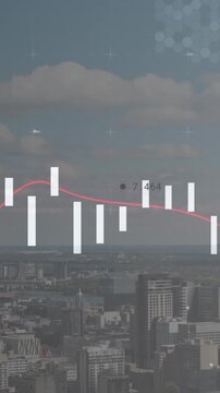 Composite image of statistical data processing against aerial view of cityscape