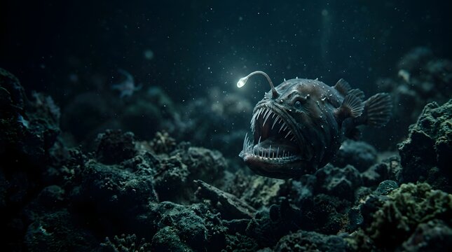 Deep sea anglerfish with glowing bioluminescent lure in dark ocean abyss.