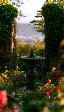 Secret garden fountain framed by roses and ivy a tranquil cityscape view bathed in morning light
