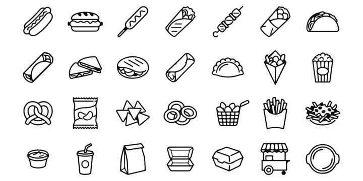 Set of hand drawn fast food icons featuring burgers tacos pizza and various snacks for restaurant menus